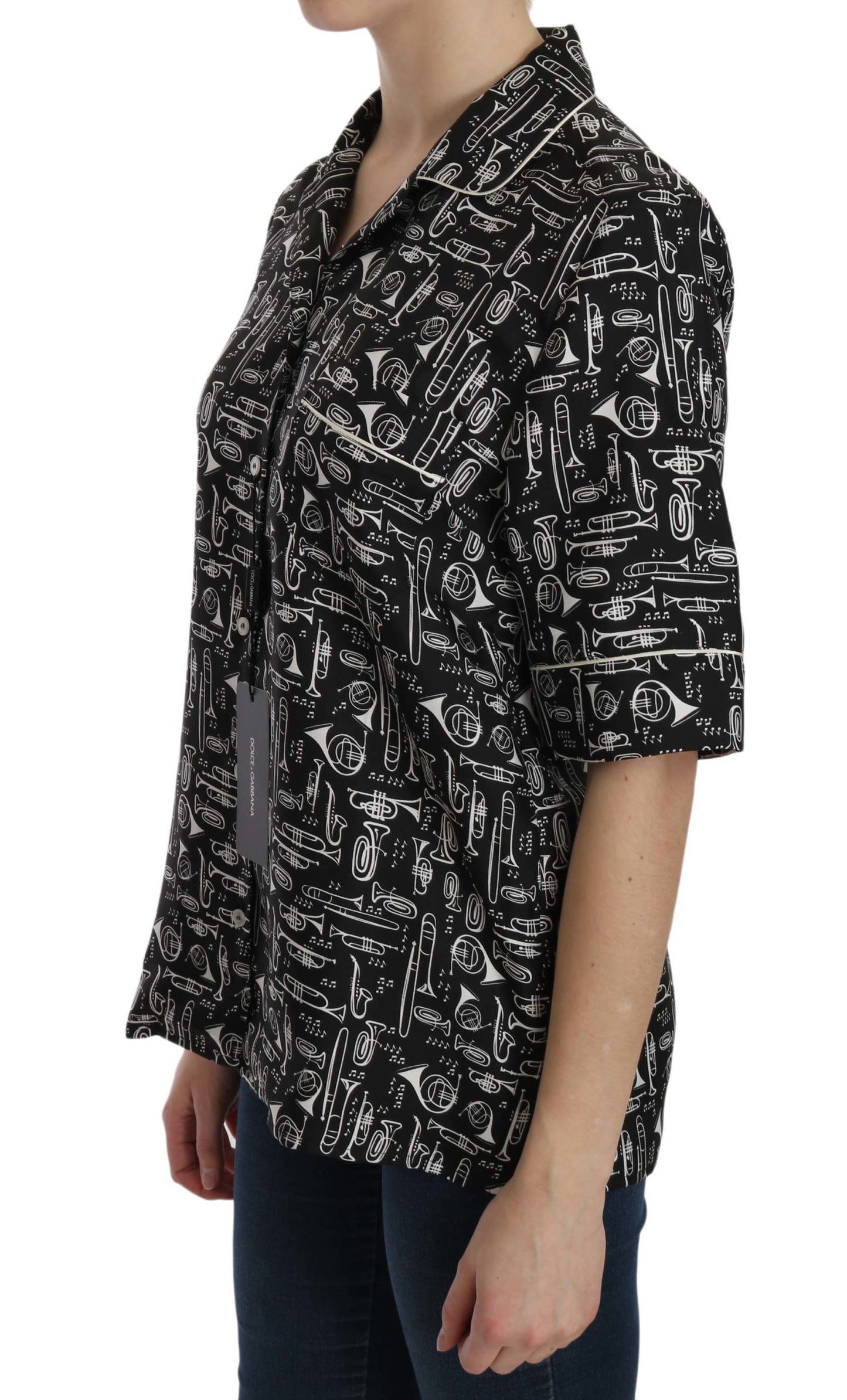 Dolce & Gabbana Black Musical Instrument Print Silk Top