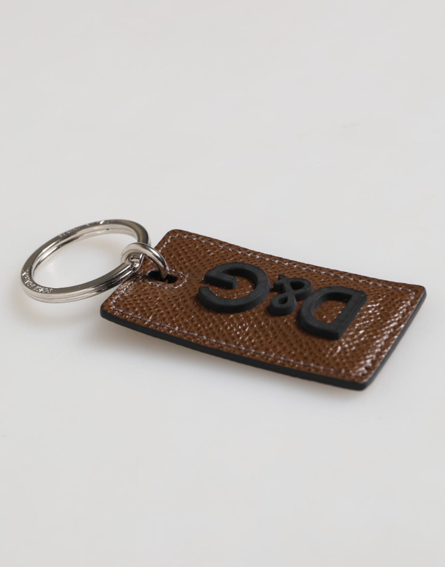 Dolce & Gabbana Dark Brown Leather Logo Metal Ring Keychain Holder Keyring