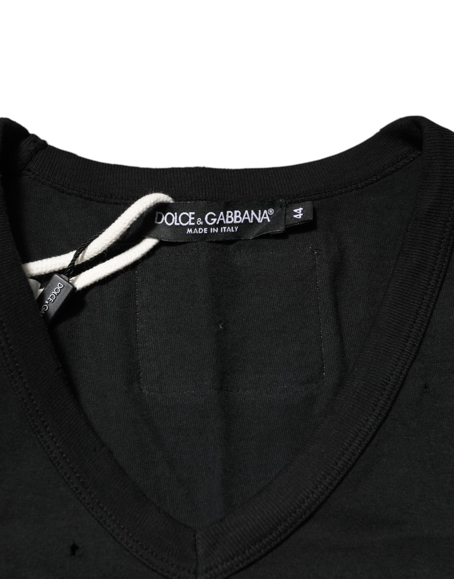 Dolce & Gabbana Black Cotton Tattered Logo V-Neck Men T-shirt