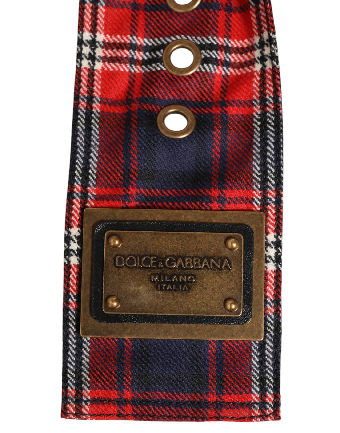 Dolce & Gabbana Red Plaid Fabric Logo Plate Brass Buckle Belt
