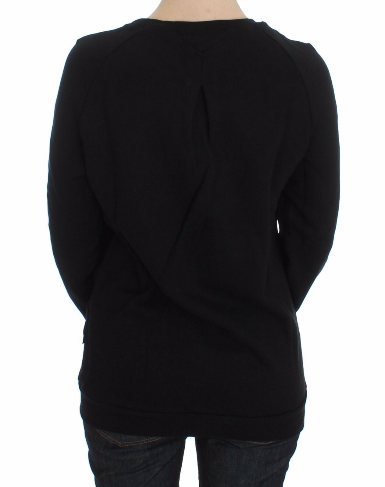 Exte Black Cotton Motive Print Crewneck Pullover Sweater