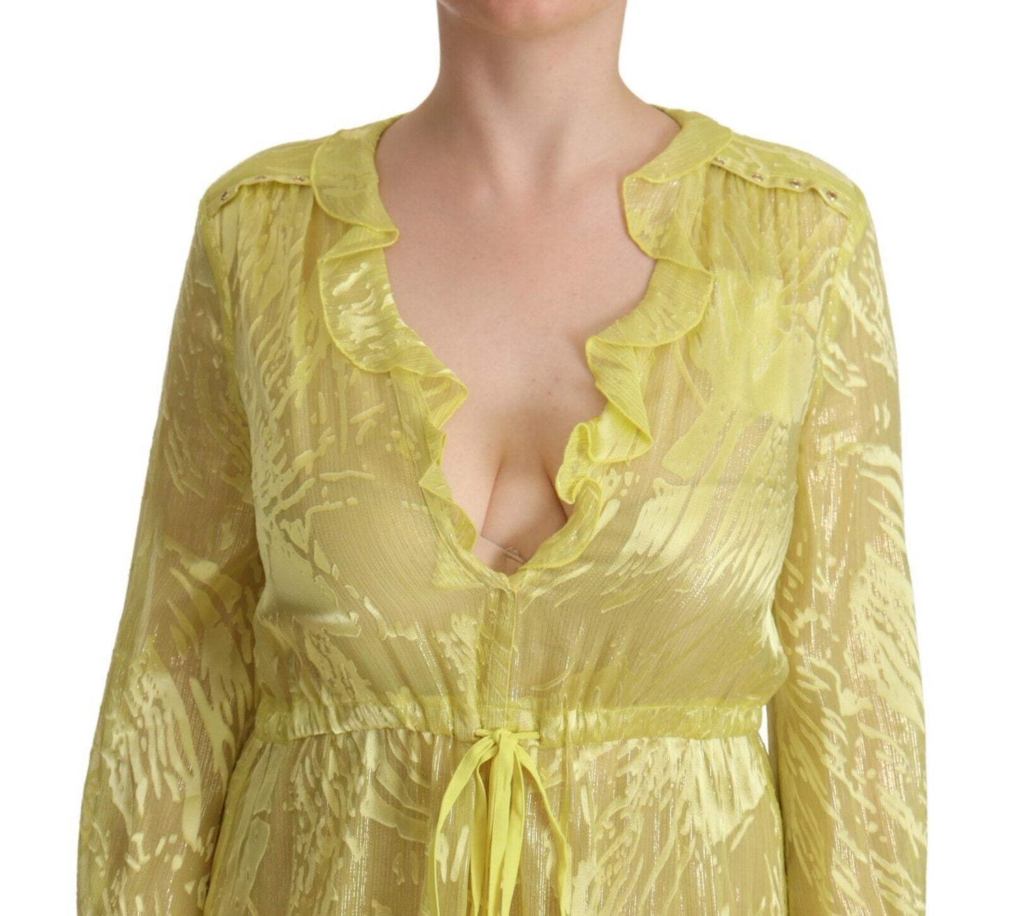 Patrizia Pepe Yellow Silk Long Sleeves Plunging Maxi Dress