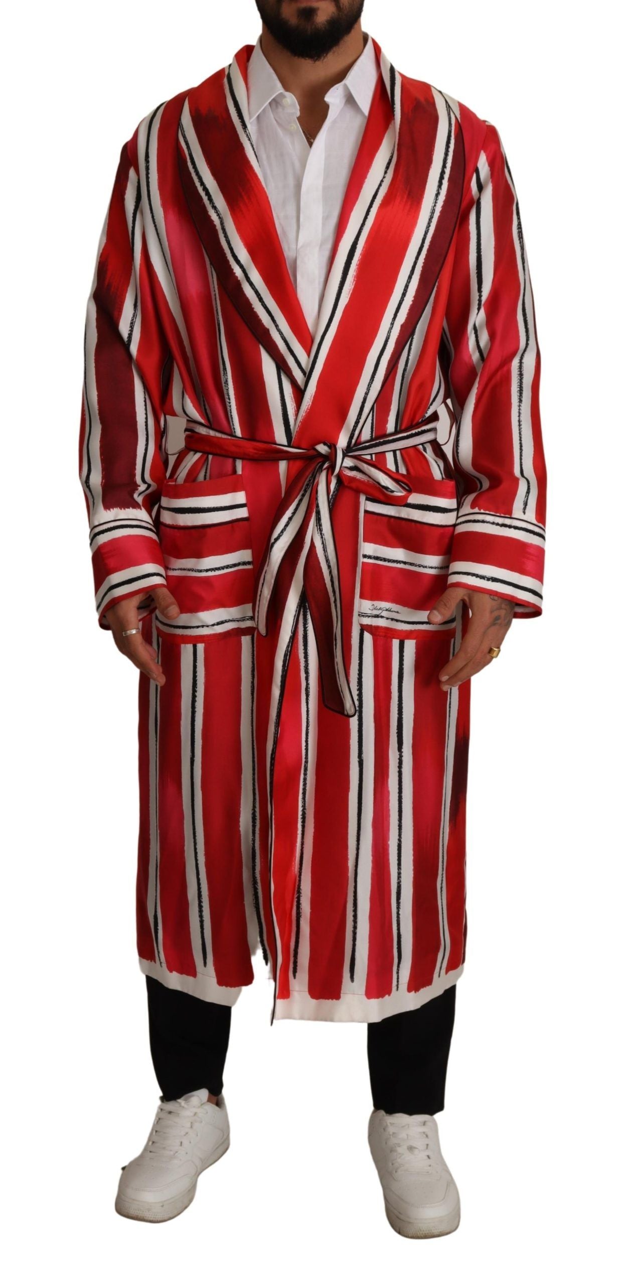 Dolce & Gabbana Red White Striped Silk Mens Night Gown Robe