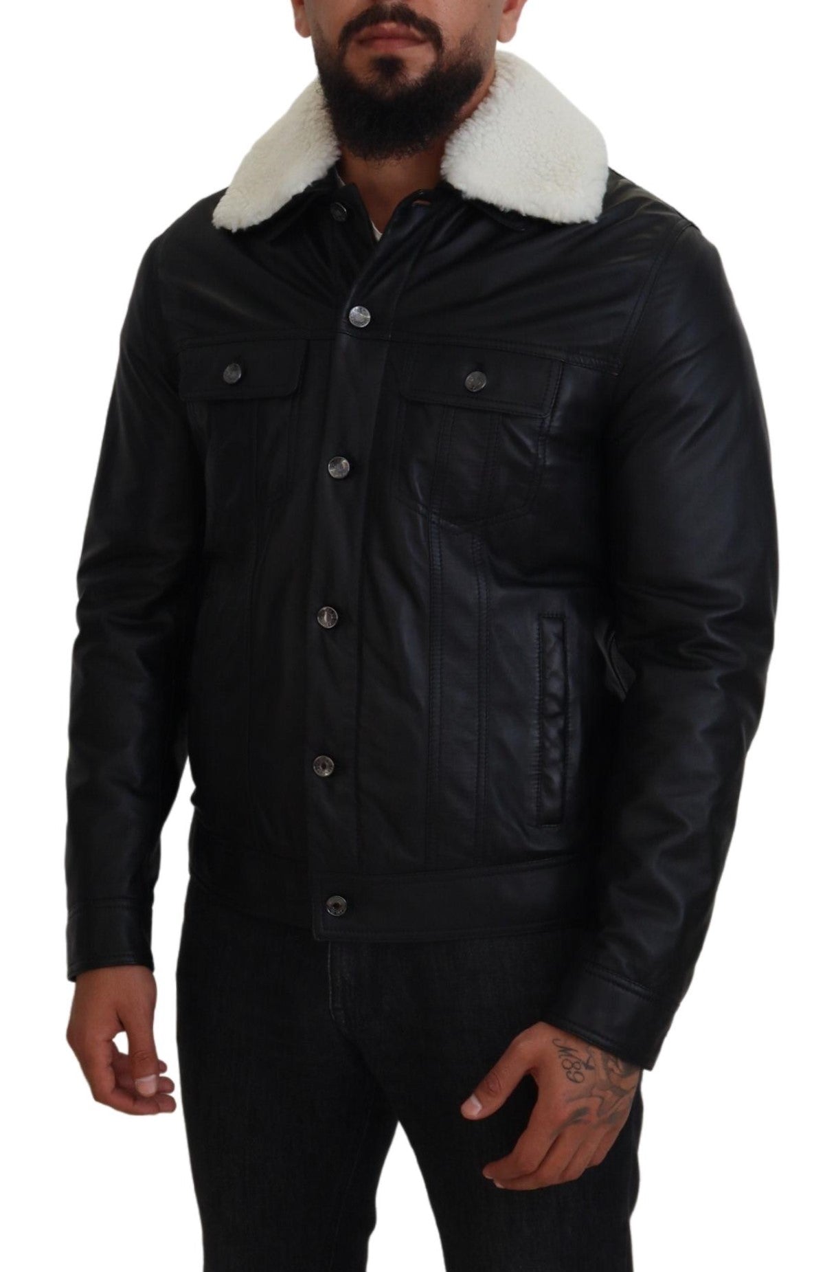 Dolce & Gabbana Black Lamb Leather Collared Men Coat Jacket