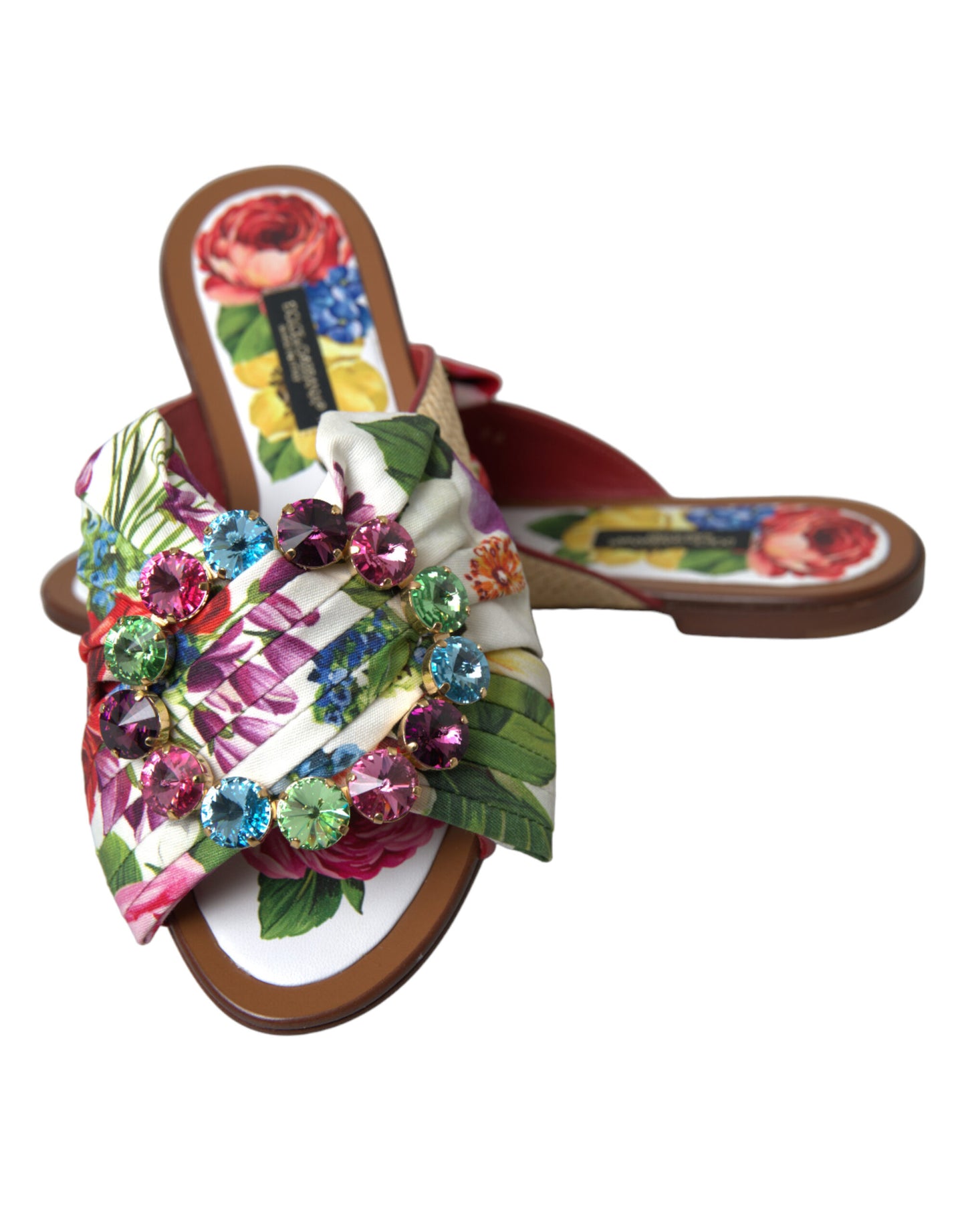 Dolce & Gabbana Multicolor Floral Flats Crystal Sandals Shoes