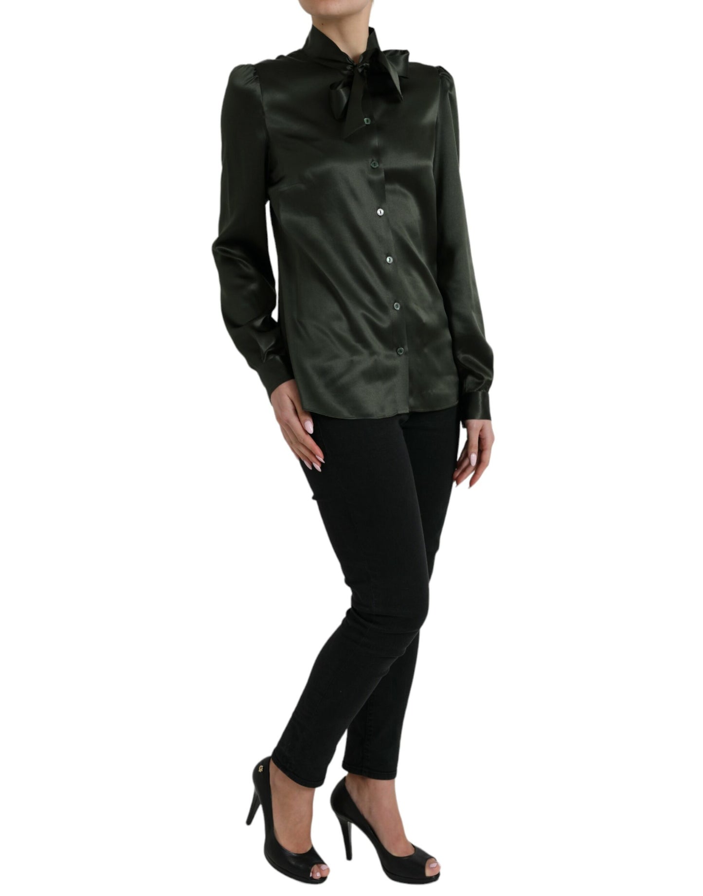 Dolce & Gabbana Gray Long Sleeves Ascot Collar Blouse Top