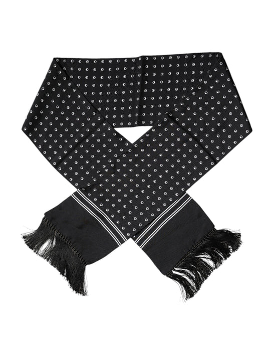 Dolce & Gabbana Black White Polka Dotted Silk Skinny Fringes Scarf