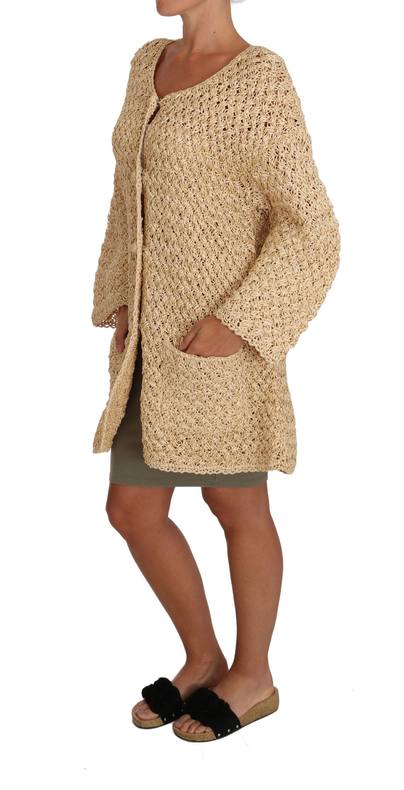 Dolce & Gabbana Beige Cardigan Crochet Knitted Raffia Sweater