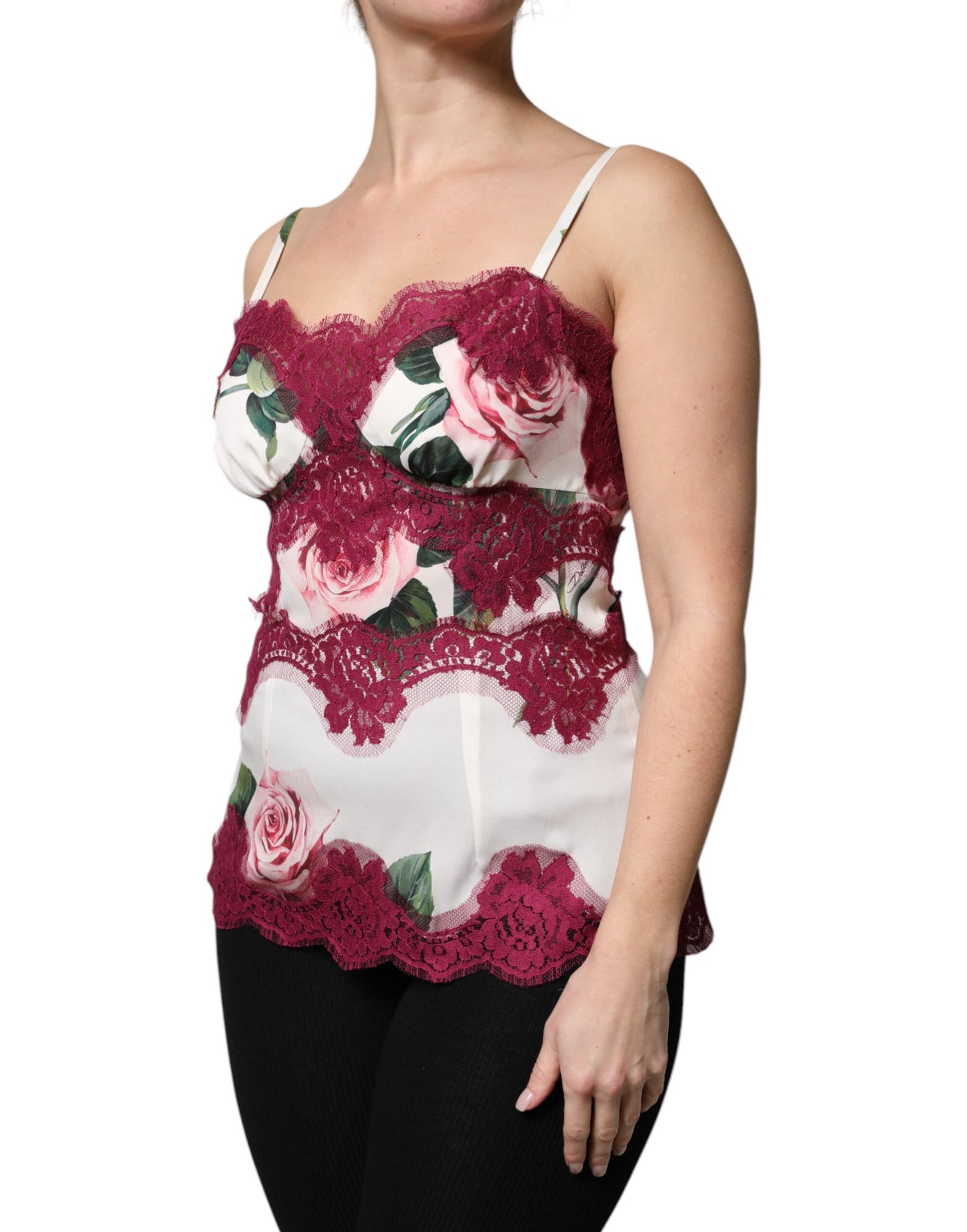 Dolce & Gabbana White Rose Print Satin Lace Tank Top Lingerie