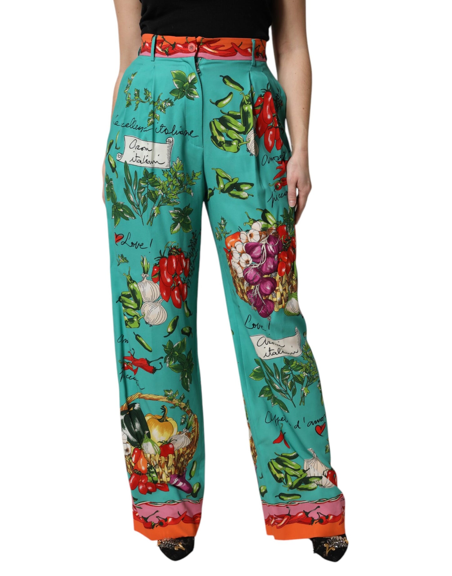 Dolce & Gabbana Green Silk Printed Straight Pants