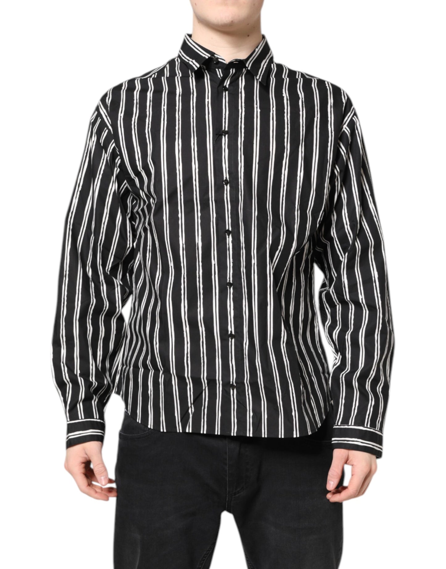 Dolce & Gabbana Black White Striped Cotton Dress Shirt