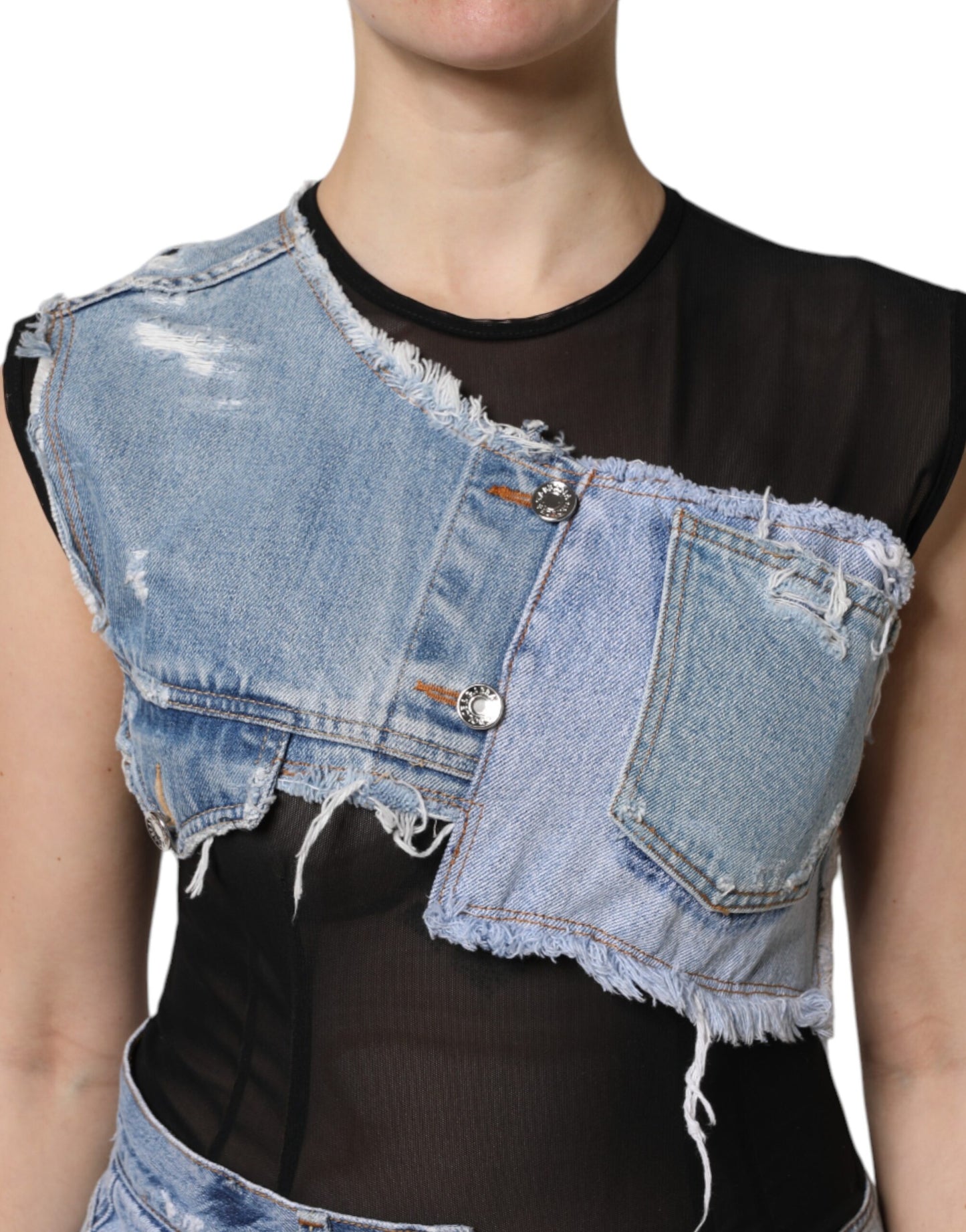 Dolce & Gabbana Black Blue Sleeveless Denim Mini Dress