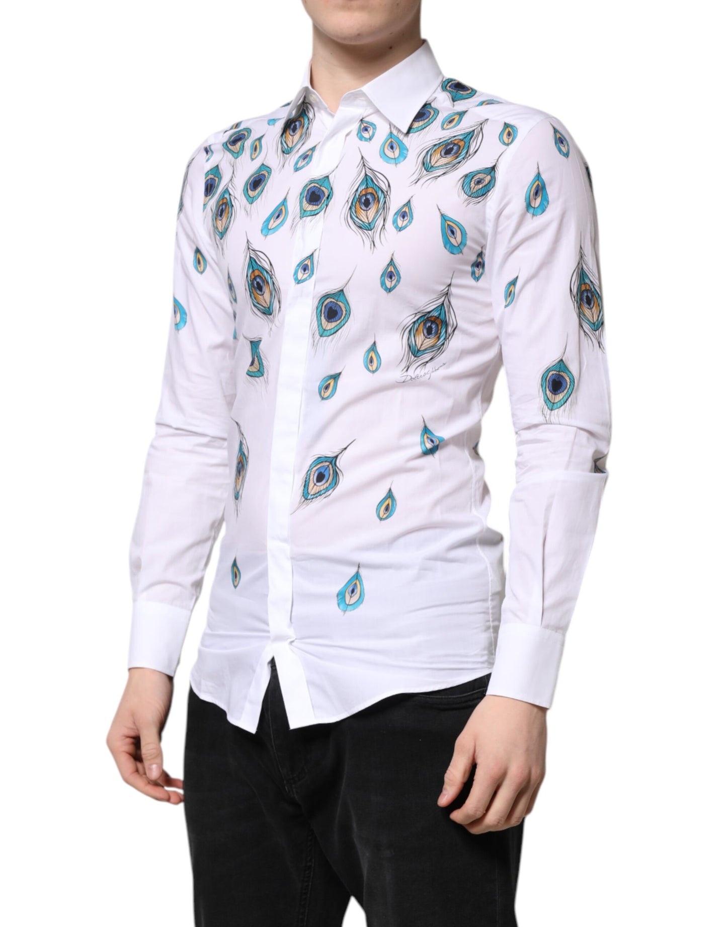 Dolce & Gabbana White Cotton Feather Print GOLD Dress Shirt