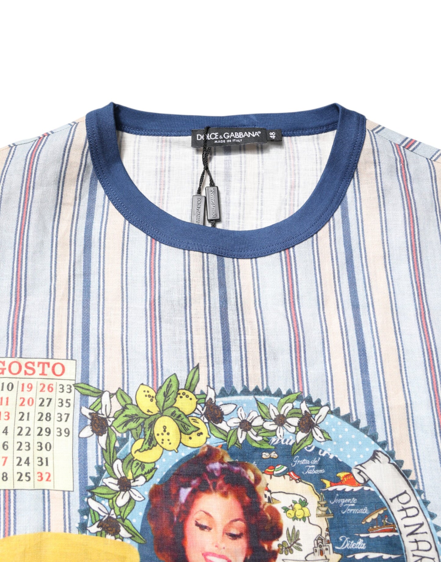 Dolce & Gabbana Multicolor Striped Pin Up Linen Round Neck T-shirt