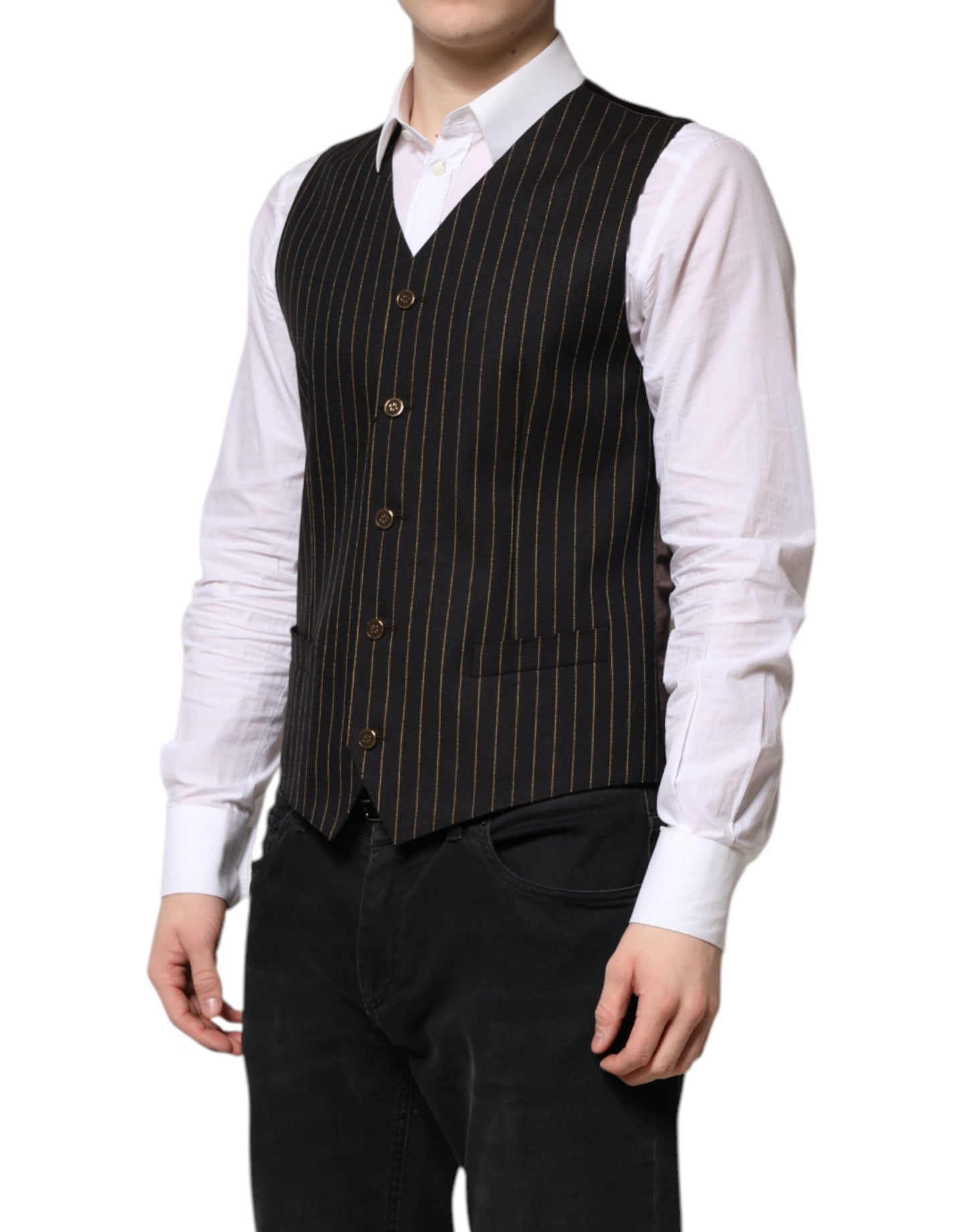 Dolce & Gabbana Black Stripes Wool Formal Men Waistcoat Vest