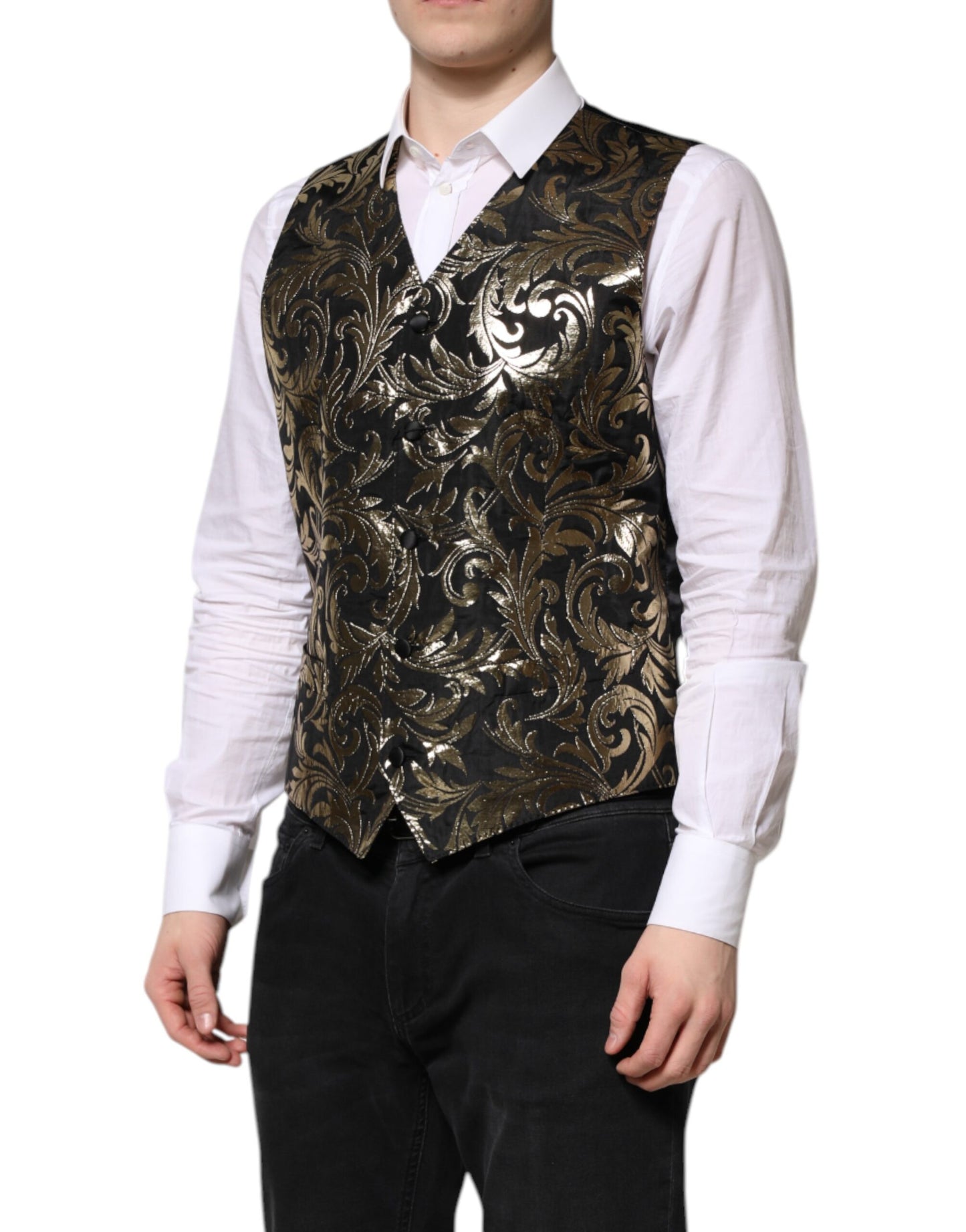 Dolce & Gabbana Black Gold Jacquard Formal Men Waistcoat Vest