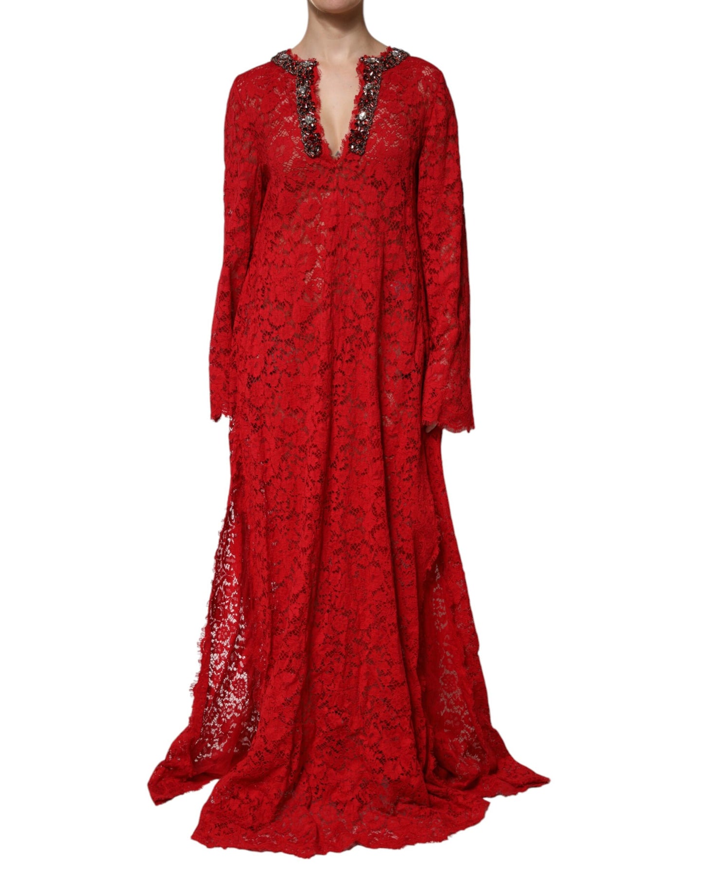 Dolce & Gabbana Red Floral Lace Rhinestone Embellished Dress
