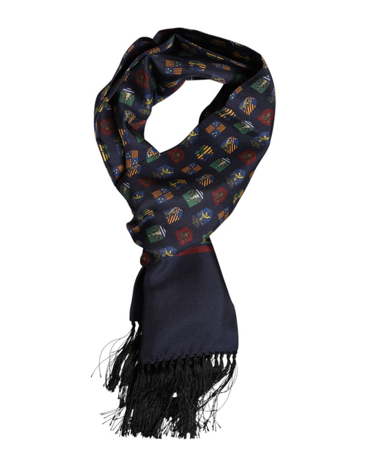 Dolce & Gabbana Blue Silk Printed Fringes Foulard Scarf