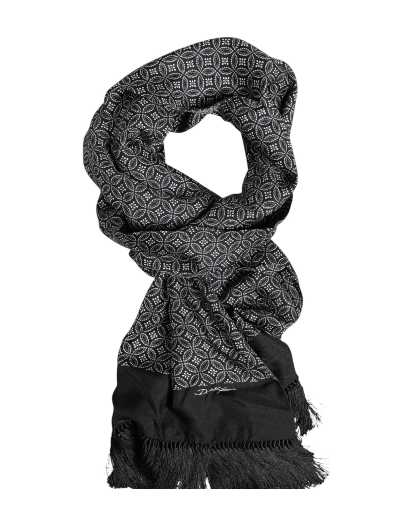 Dolce & Gabbana Black Patterned Fringes Men Foulard Scarf
