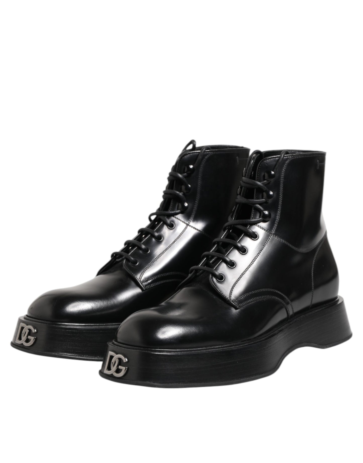 Dolce & Gabbana Black Leather Logo Ankle Boots Lace Up Shoes