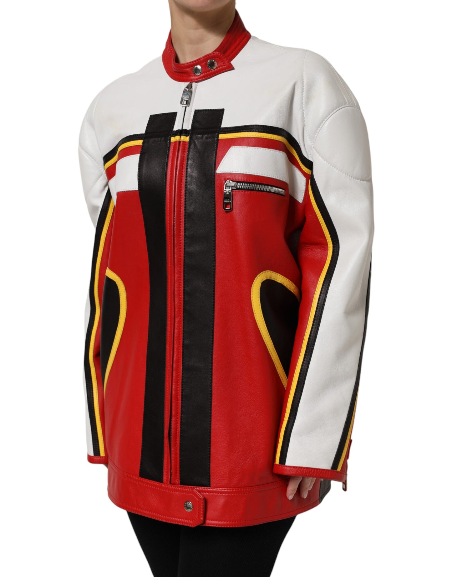 Dolce & Gabbana Multicolor Leather Biker Full Zip Coat Jacket