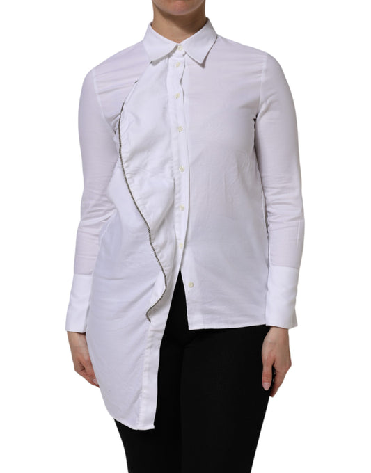 AGLINI White Cotton Collared Long Sleeves Ruffle Top Shirt