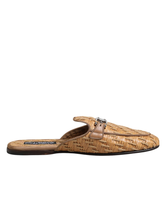 Dolce & Gabbana Beige Rattan Flat Mule Men Sandals Shoes
