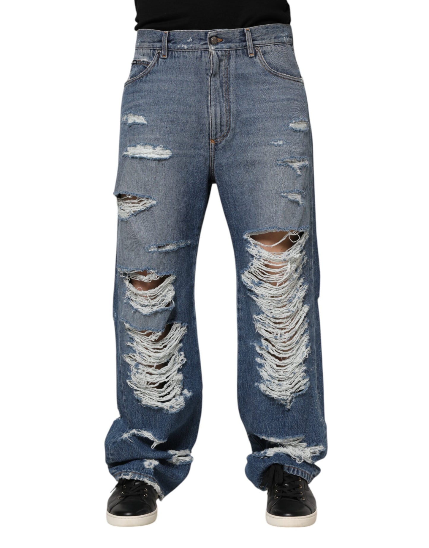 Dolce & Gabbana Blue Tattered Cotton Logo Plaque Denim Jeans