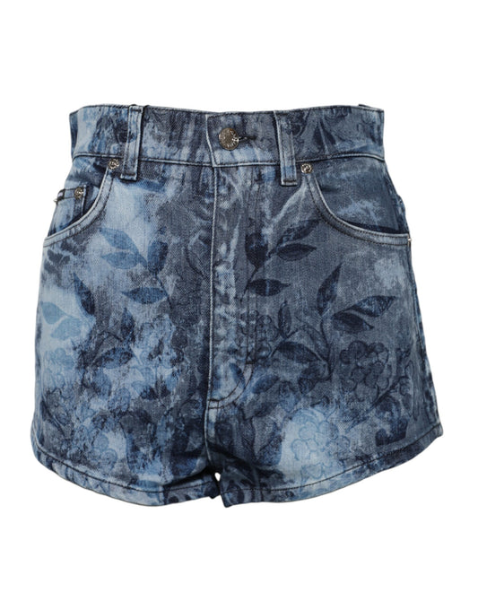 Dolce & Gabbana Blue Floral Print Denim Cotton Hot Pants Shorts
