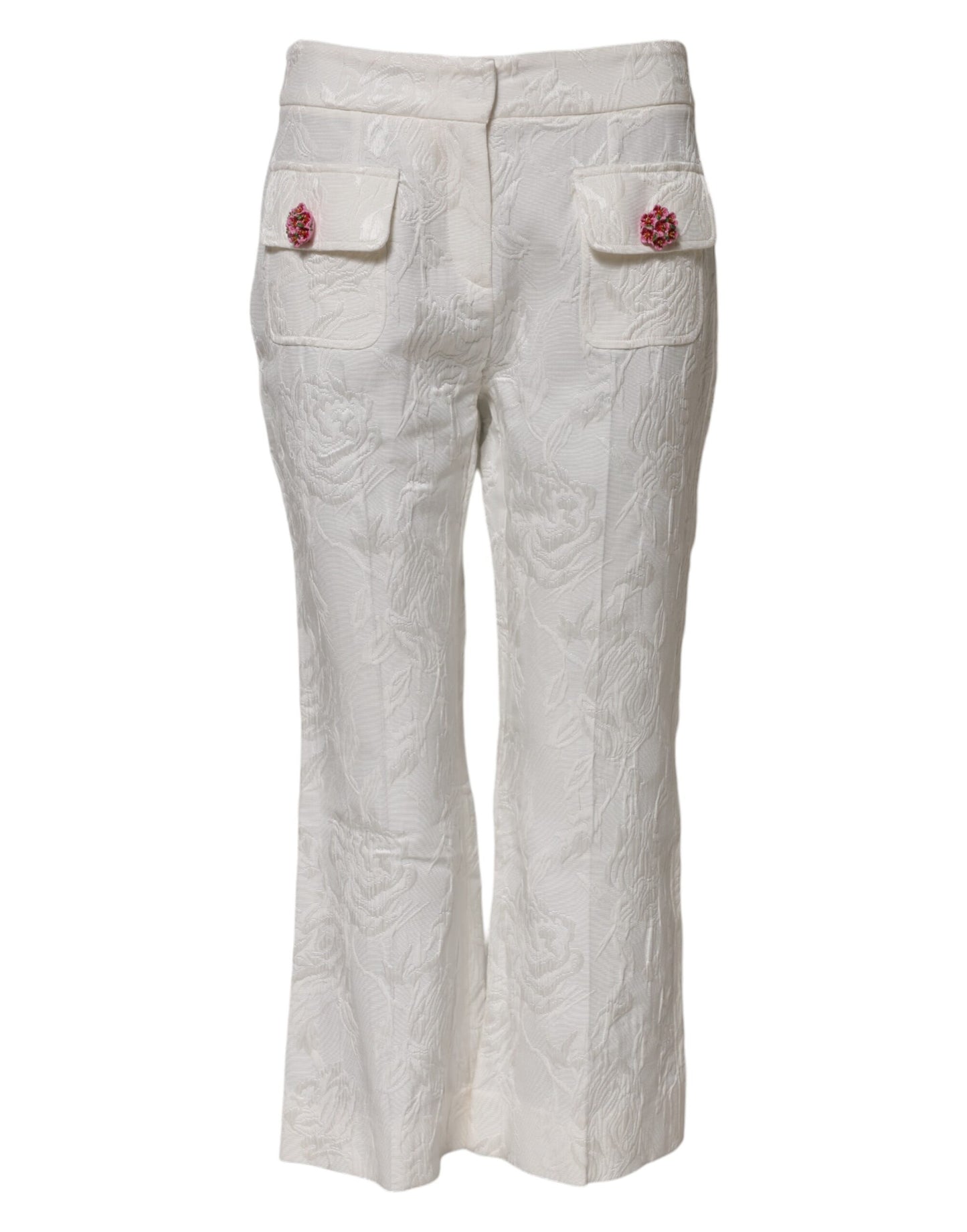 Dolce & Gabbana White Cotton Floral Jacquard Pants