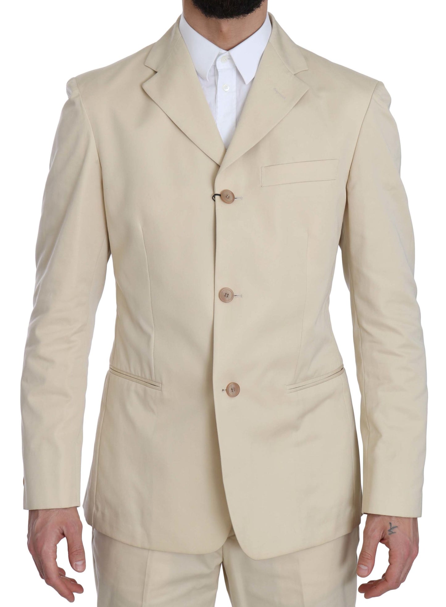 Romeo Gigli Two Piece 3 Button Beige Cotton Solid Suit