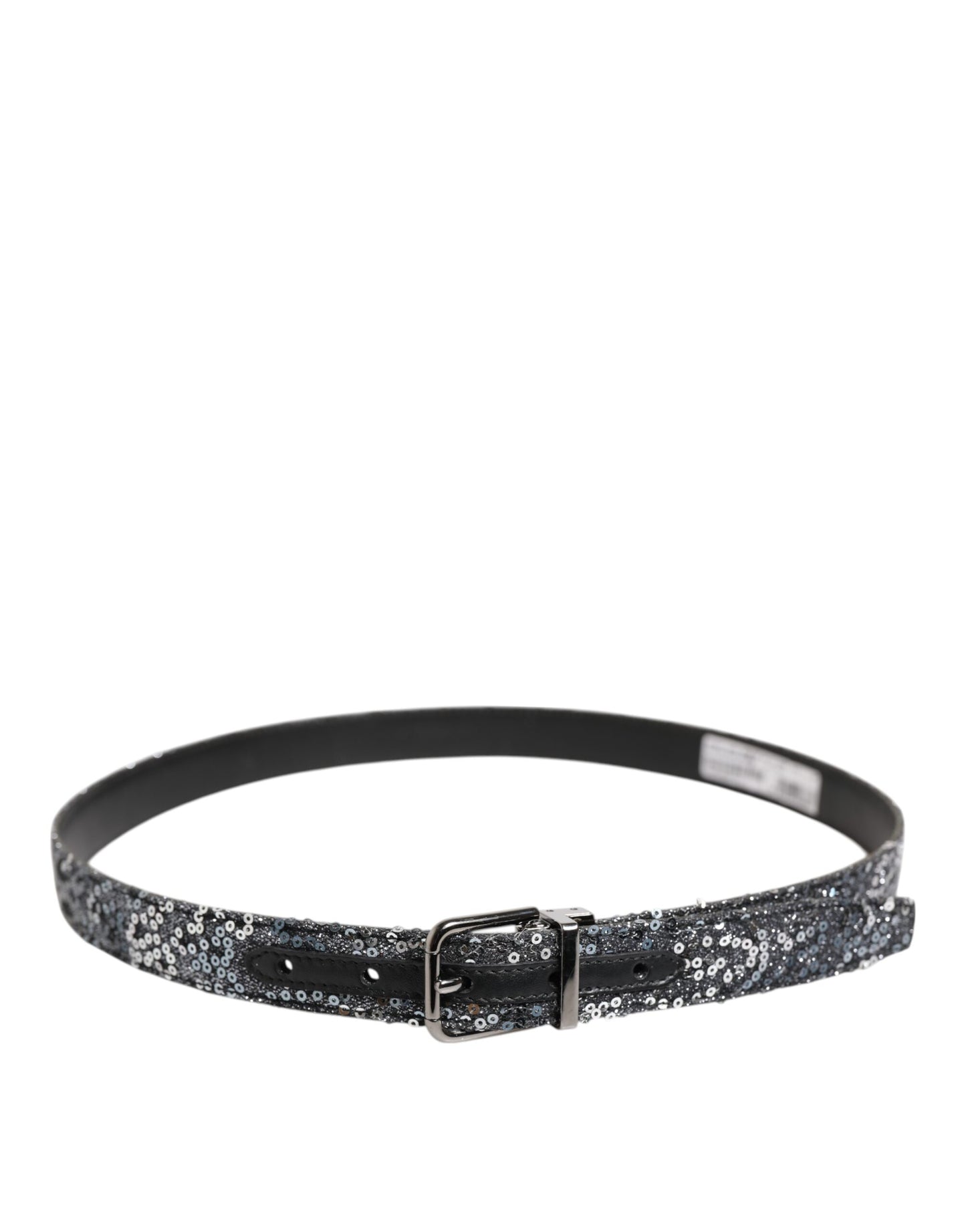Dolce & Gabbana Black Sequins Silver Metal Logo Buckle Belt