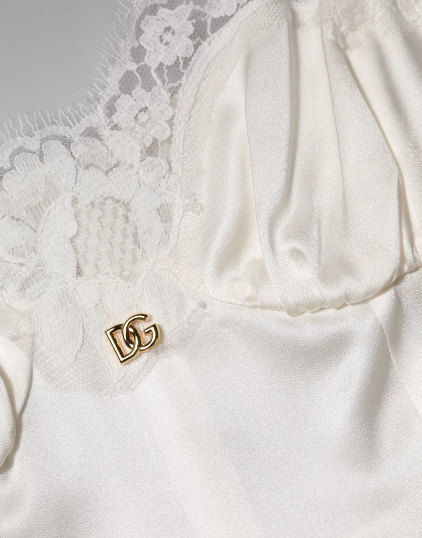 Dolce & Gabbana White Lace DG Logo Silk Dress Sleepwear