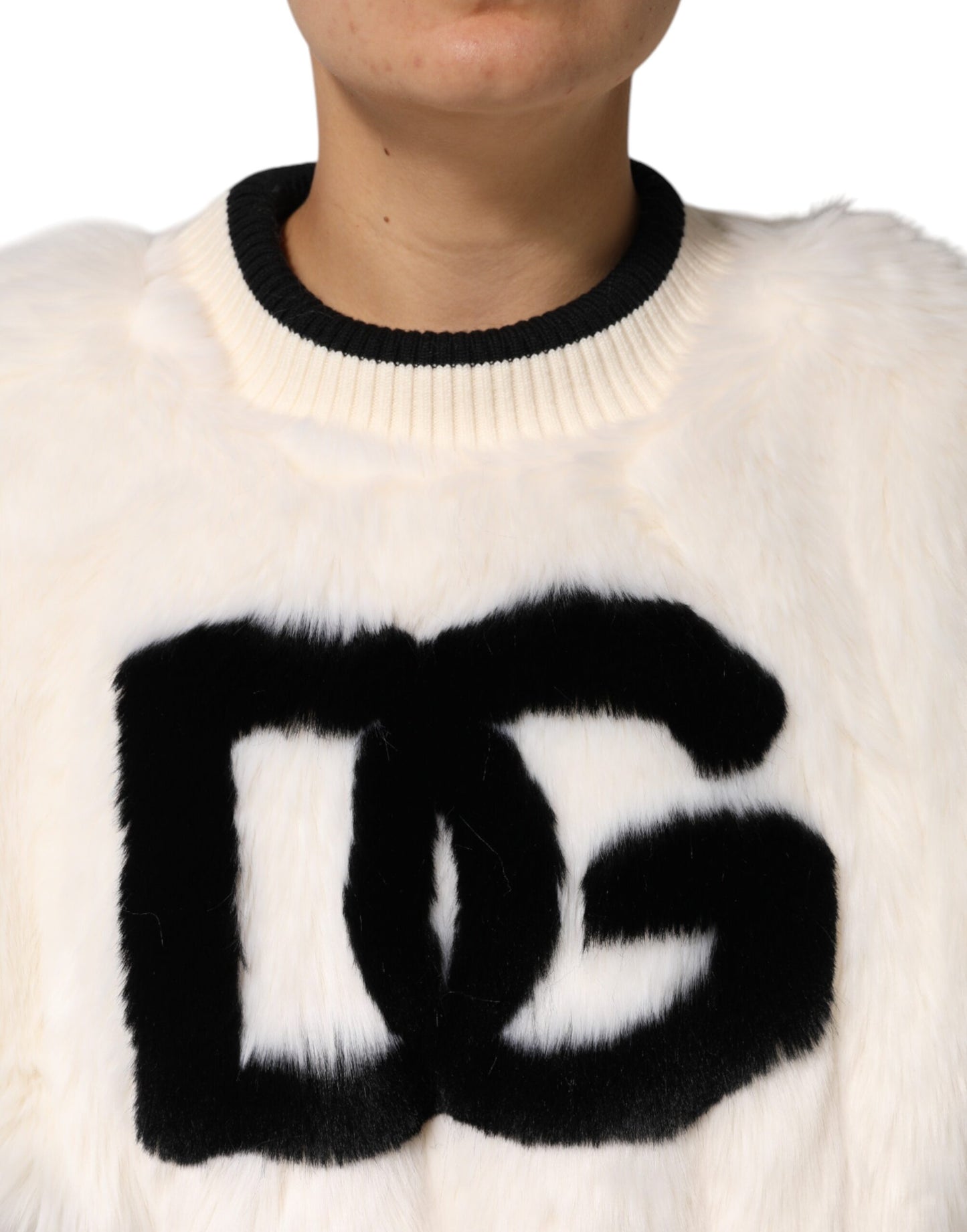 Dolce & Gabbana White Cropped Faux Fur DG Sweatshirt Sweater
