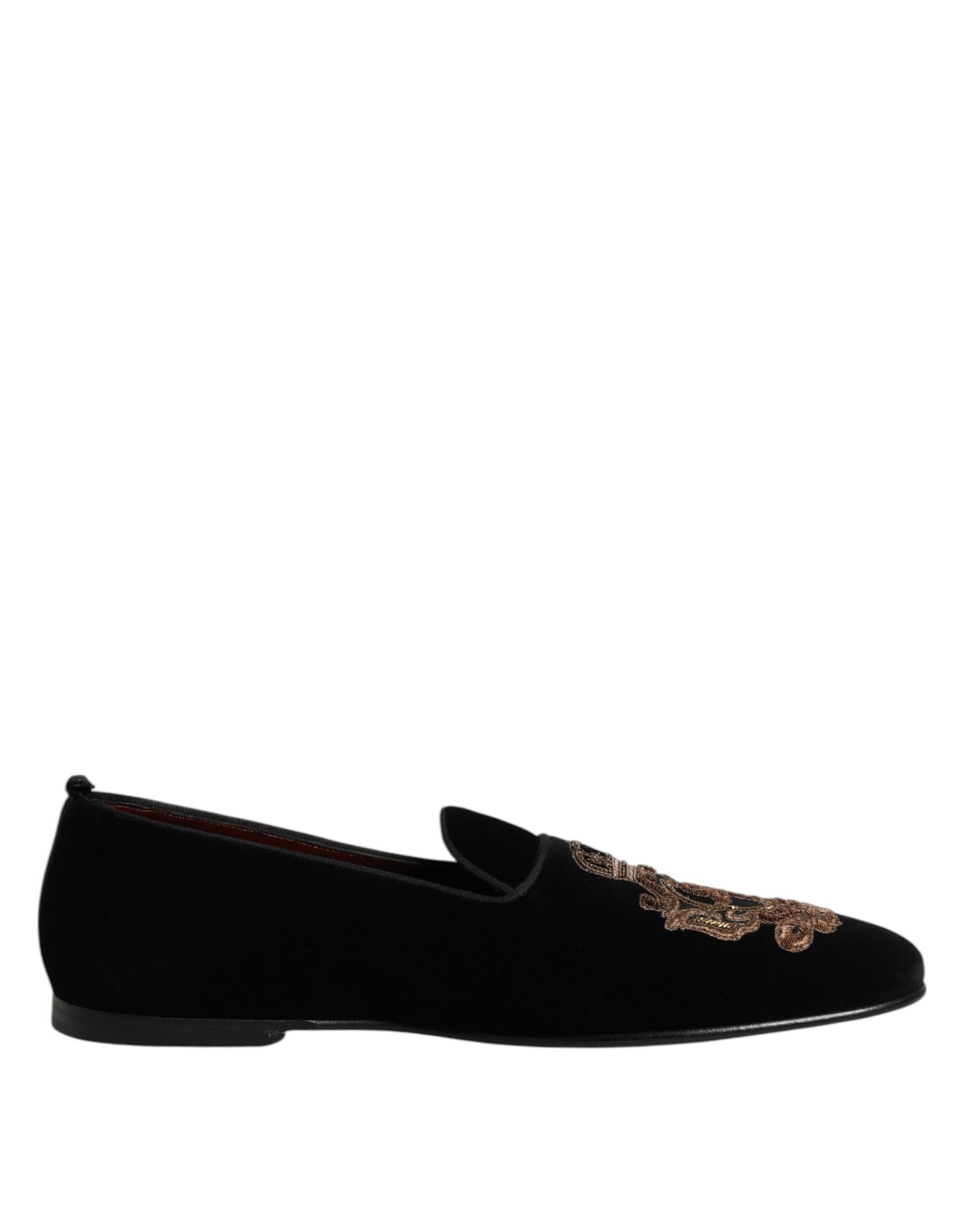 Dolce & Gabbana Black Velvet Gold Crown Mens Loafers Shoes