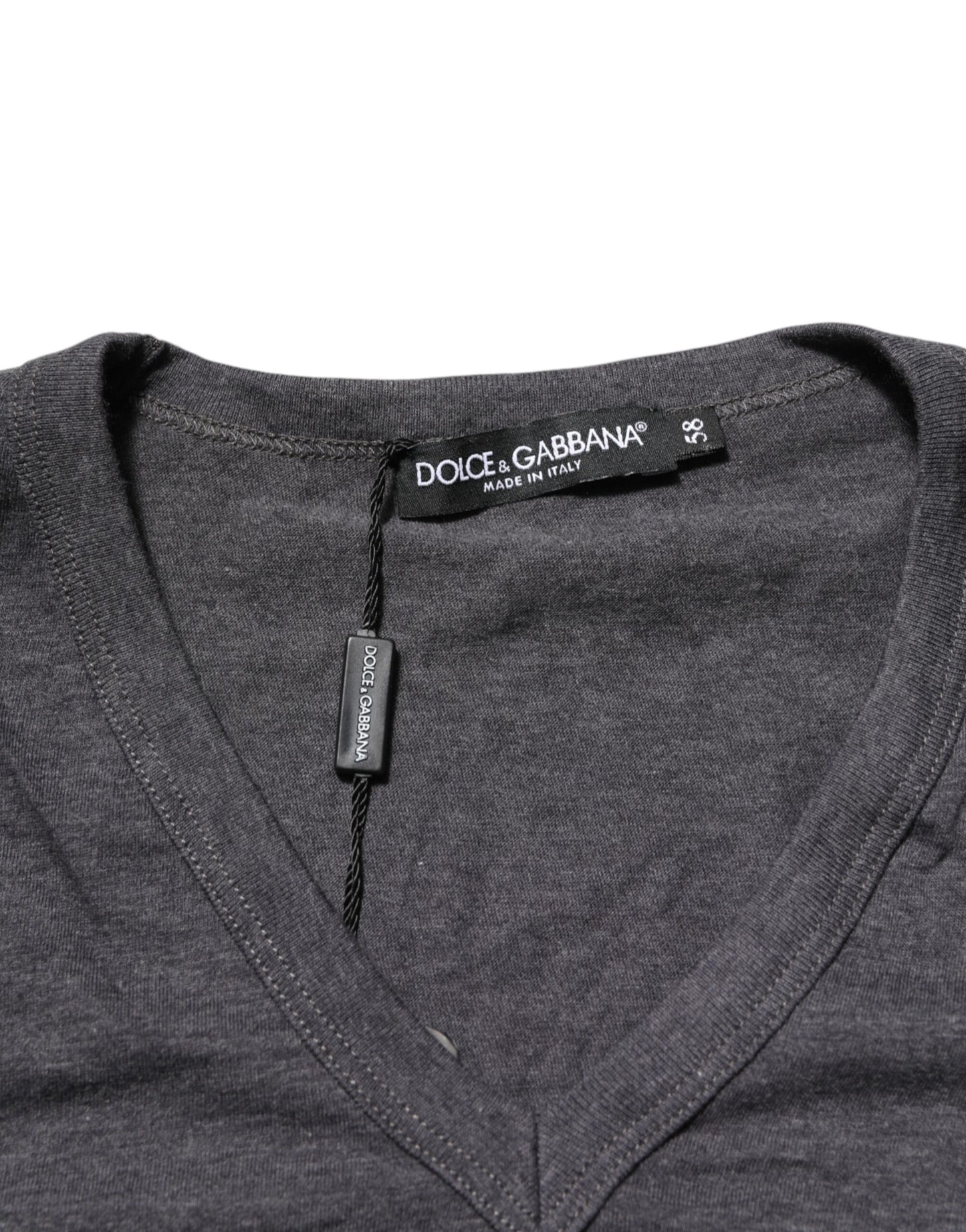 Dolce & Gabbana Grey Cotton V-Neck Logo Plaque Melange T-Shirt