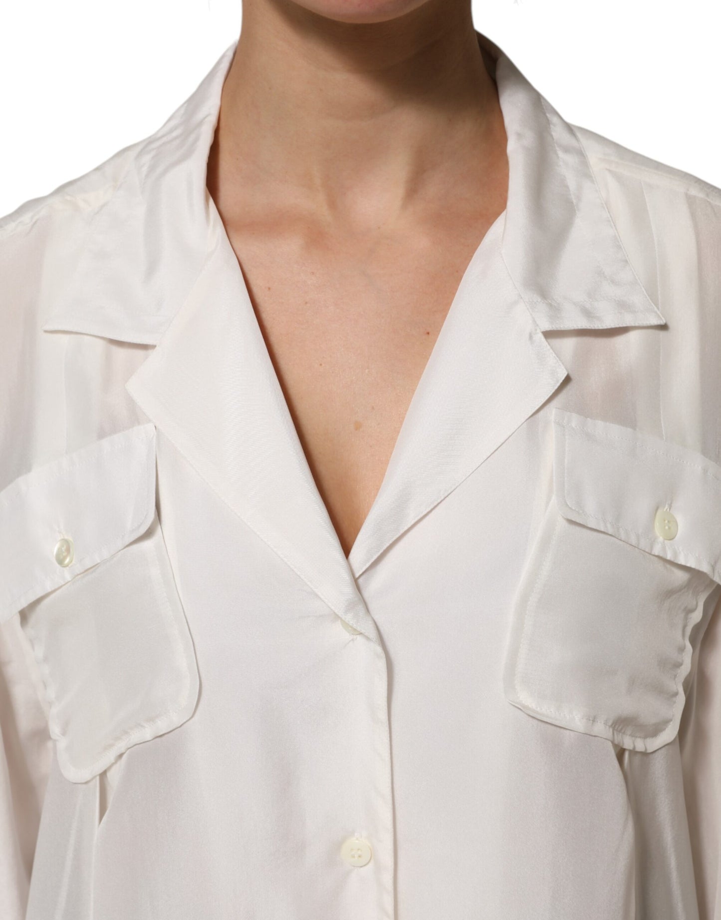 Dolce & Gabbana White Silk Collared 3/4 Sleeves Blouse Top