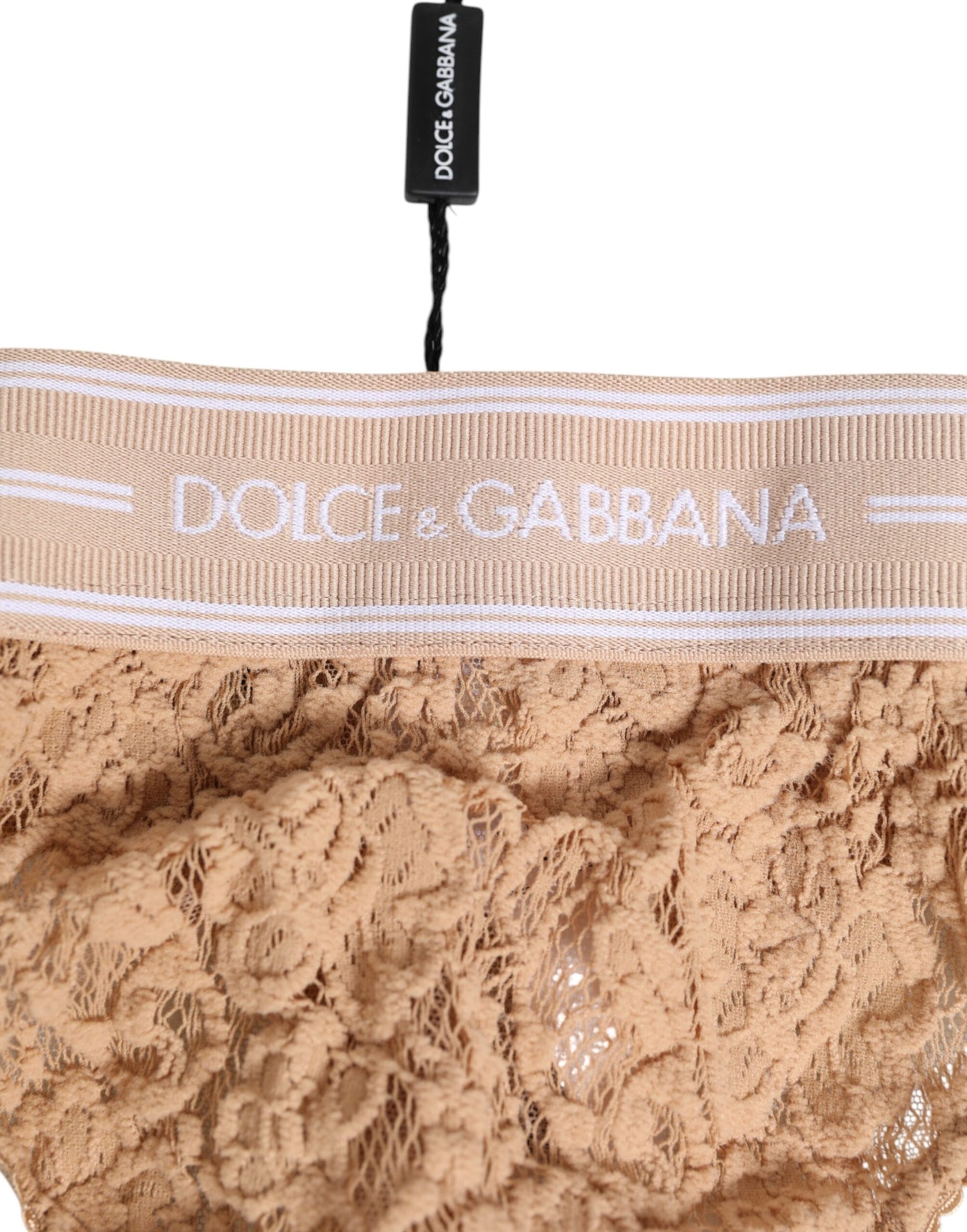 Dolce & Gabbana Beige Lace Logo Elastic Waist Thong Tanga Underwear