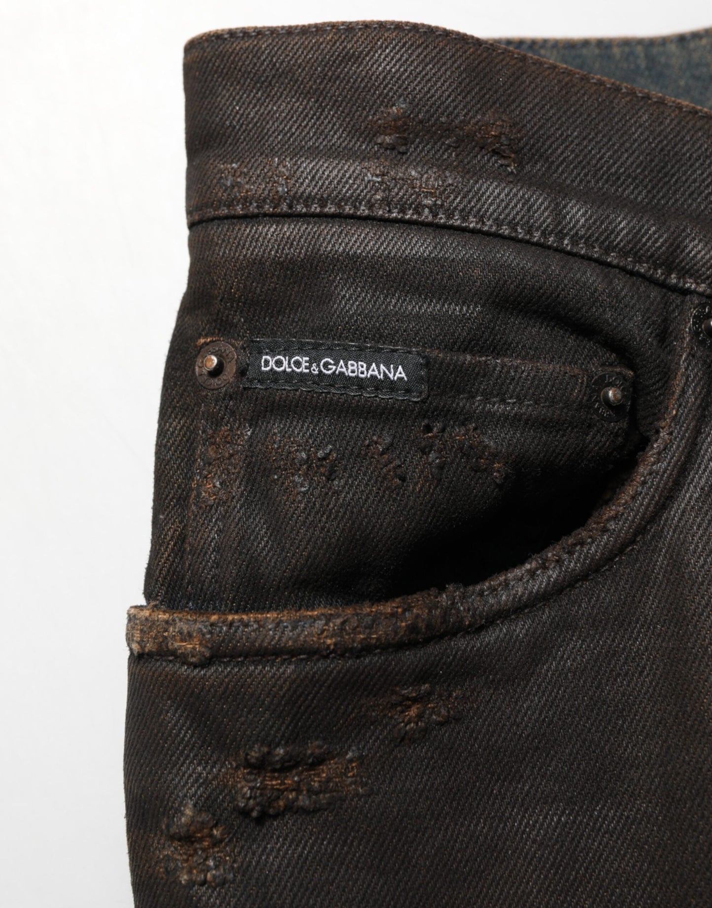 Dolce & Gabbana Dark Brown Tattered Cotton Skinny Denim Jeans