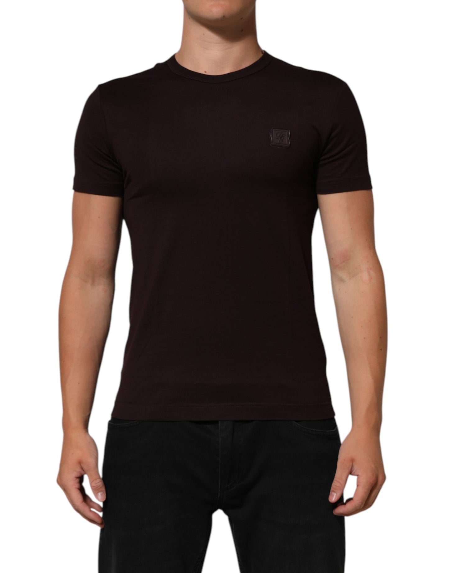 Dolce & Gabbana Brown Logo Plaque Cotton Crew Neck T-shirt