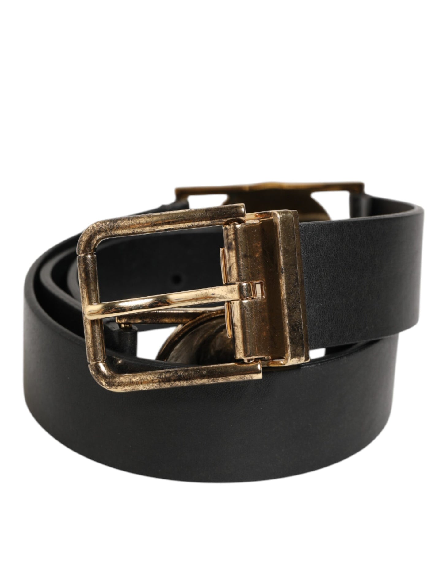 Dolce & Gabbana Black Leather Gold Silver Coin Buckle Belt