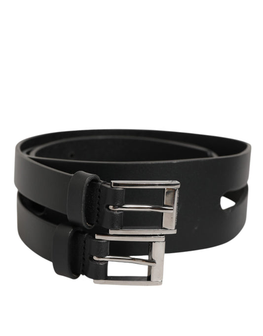Dolce & Gabbana Black Double Strap Leather Silver Buckle Belt