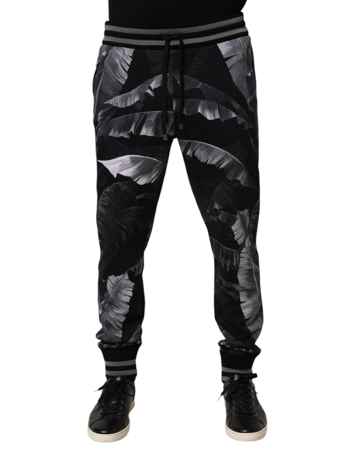 Dolce & Gabbana Black Banana Leaf Cotton Jogger Trouser Pants