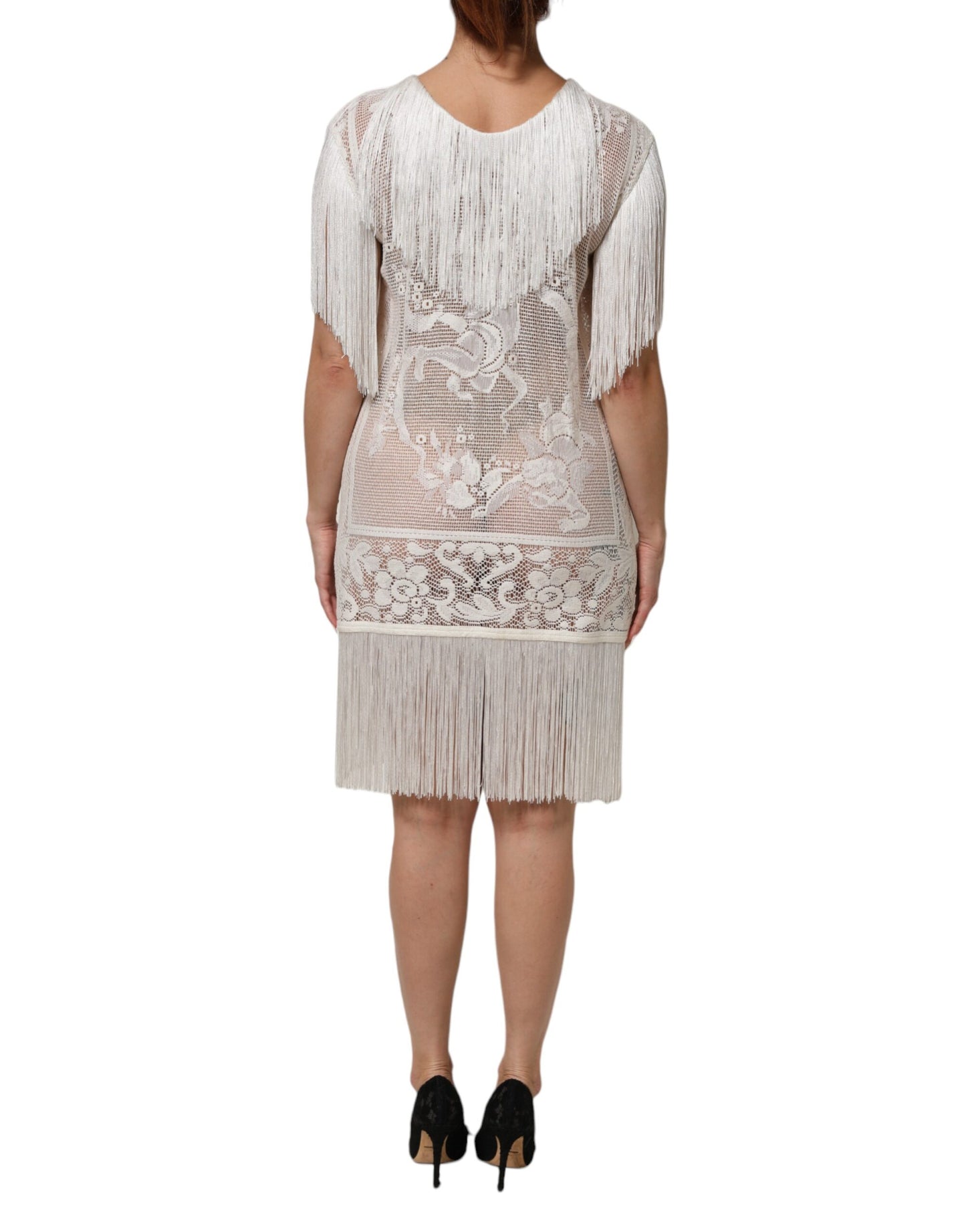 Dolce & Gabbana White Floral Lace Fringe Knee Length Dress