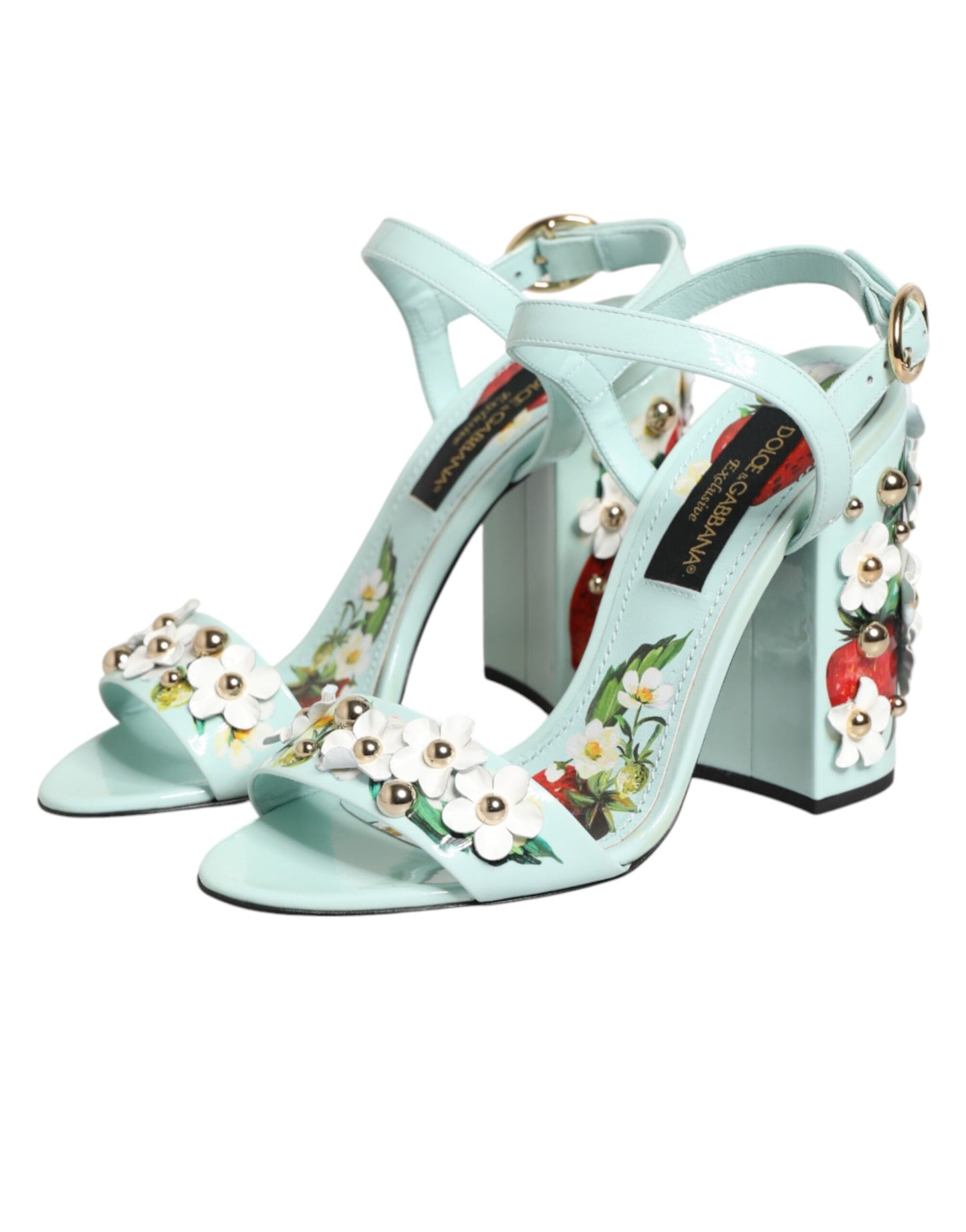 Dolce & Gabbana Mint Green Floral Studs Heels Sandals Shoes