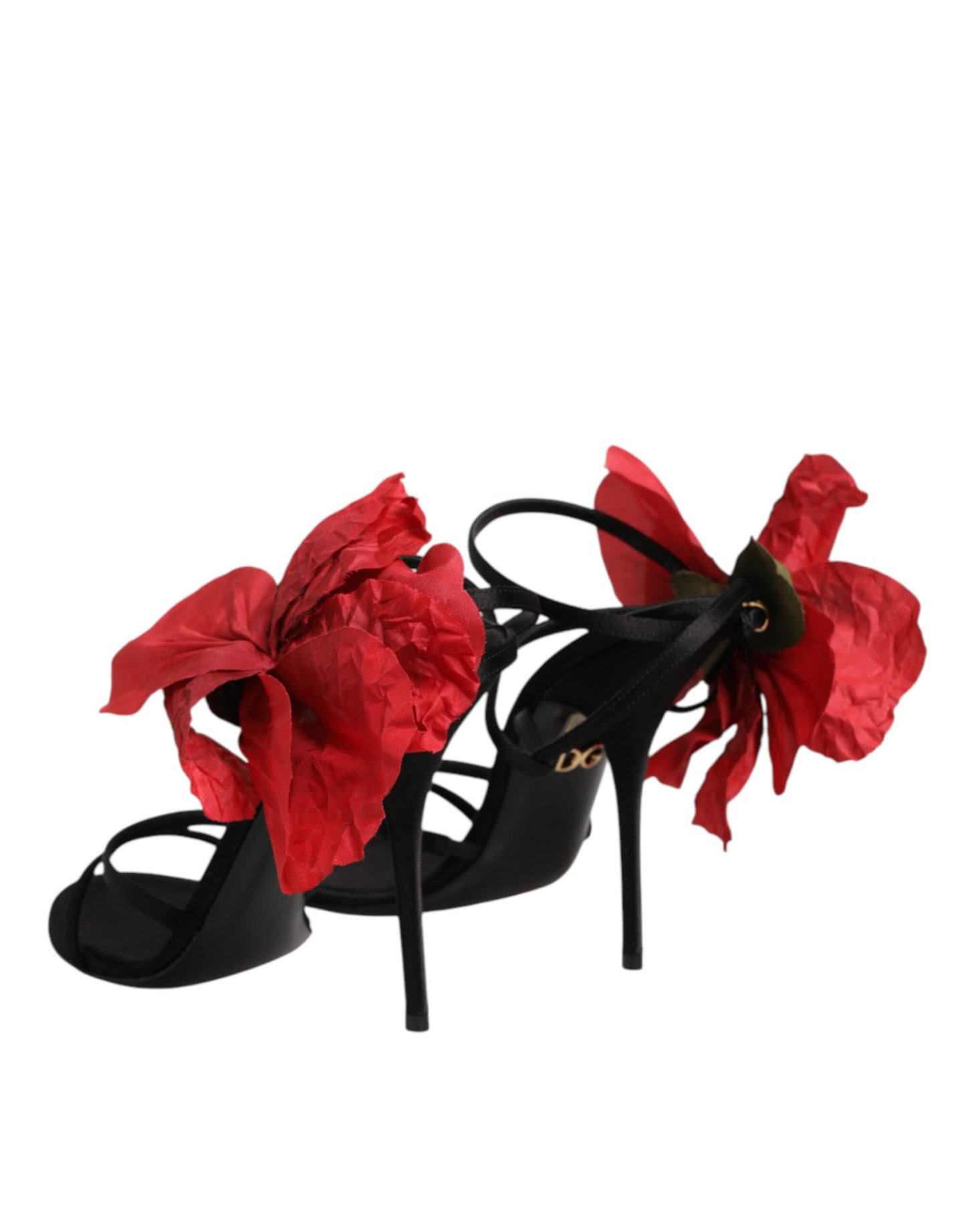 Dolce & Gabbana Black Leather Strappy Flower Heels Sandals  Shoes