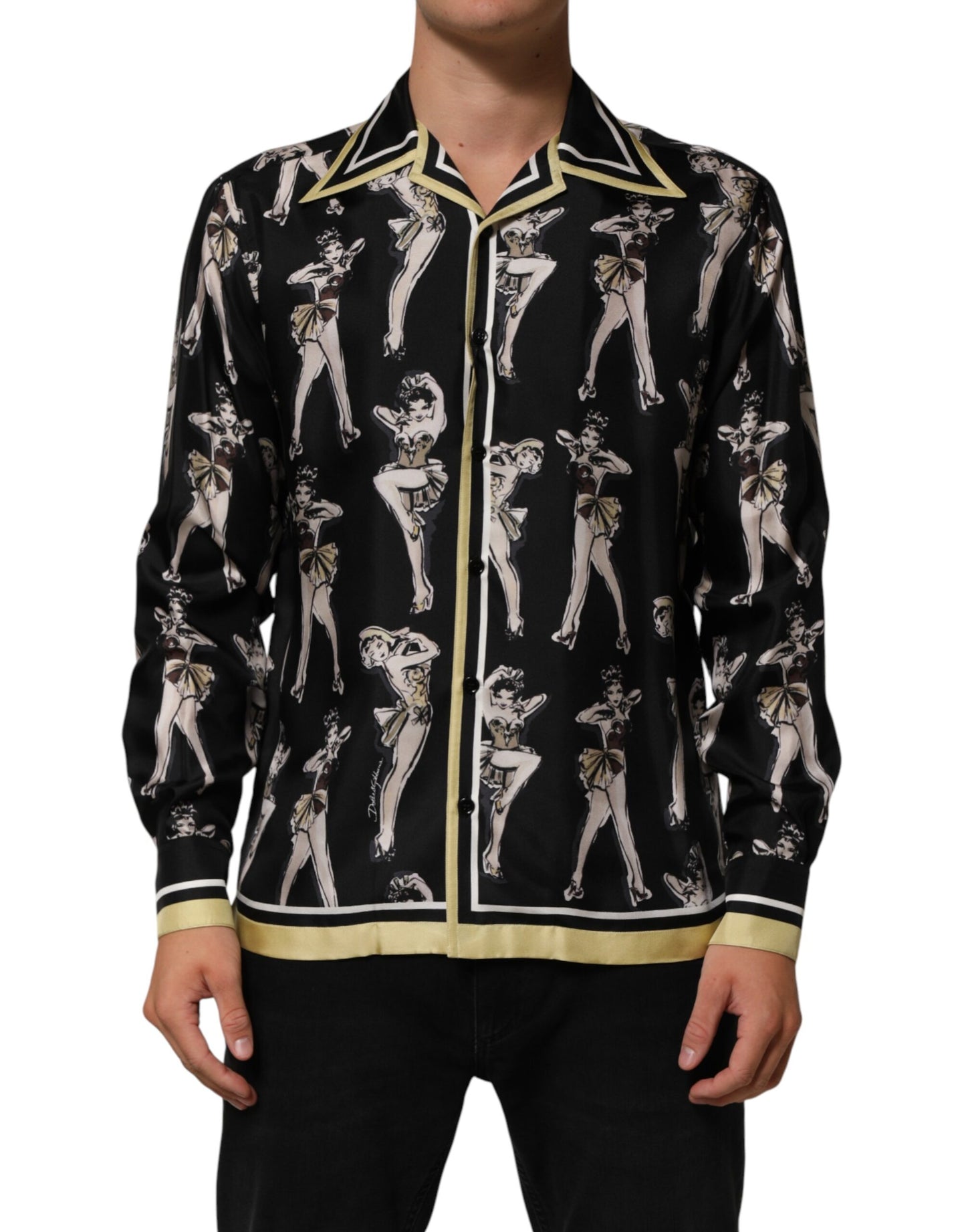 Dolce & Gabbana Black Silk Pin Up Printed Button Down Shirt