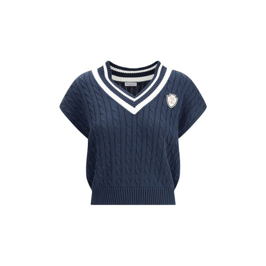 Brunello Cucinelli Blue Cotton Sleeveles Sweater