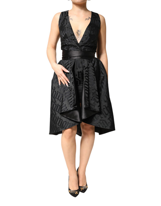 John Richmond Black Jacquard Deep V-neck Sleeveless 2 Pc Dress