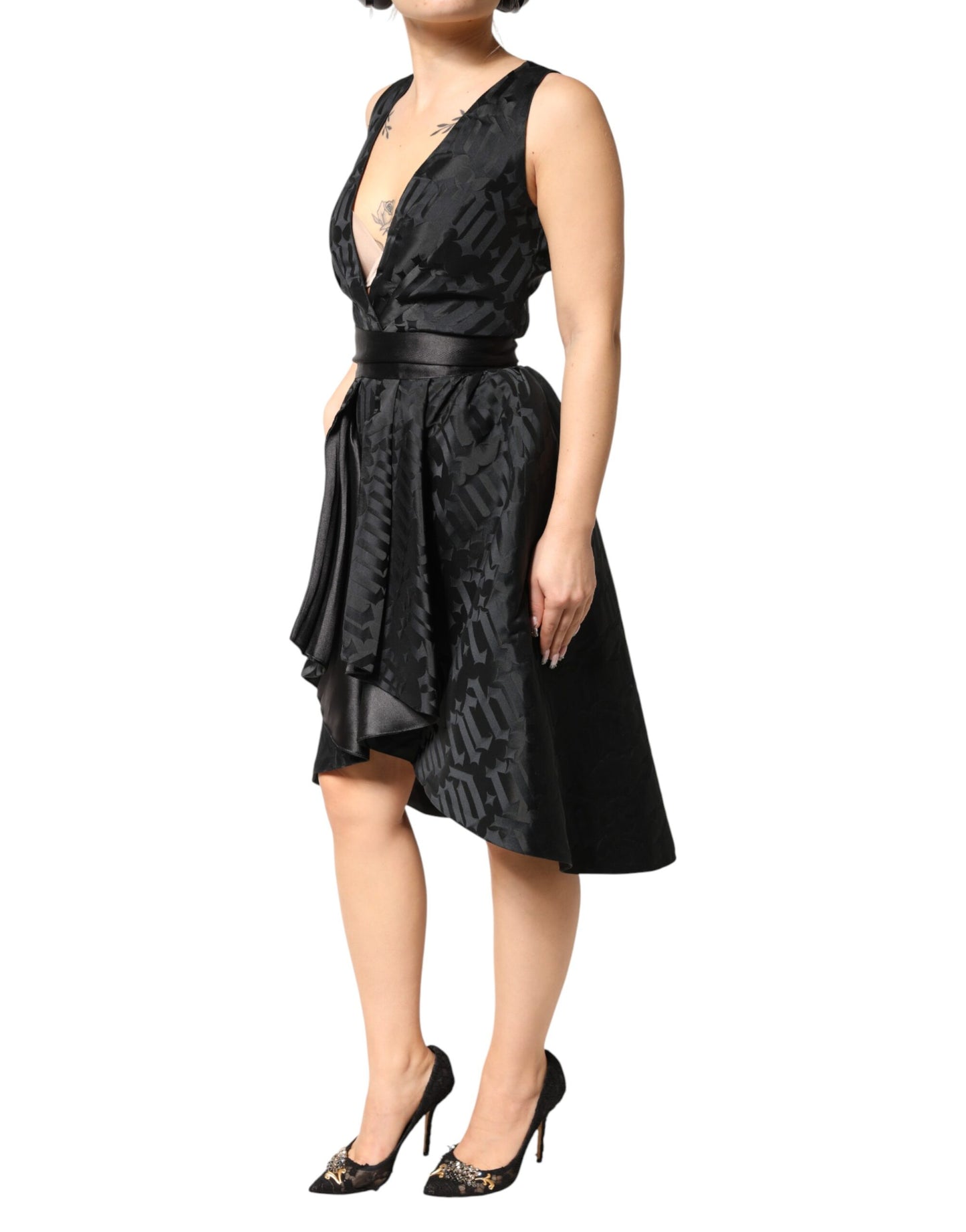 John Richmond Black Jacquard Deep V-neck Sleeveless 2 Pc Dress